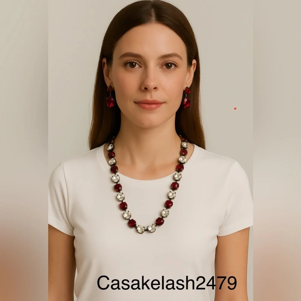 Elegant Red, Black, and Clear Crystal Necklace and Earring Set
